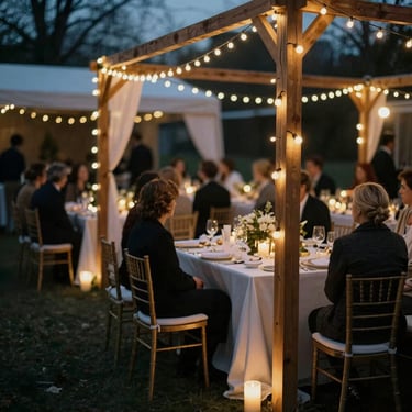 Atmospheric outdoor winter event with elegant warm fairy lights, premium wooden styling, cozy ambient evening glow, shallow depth of field, 35mm film