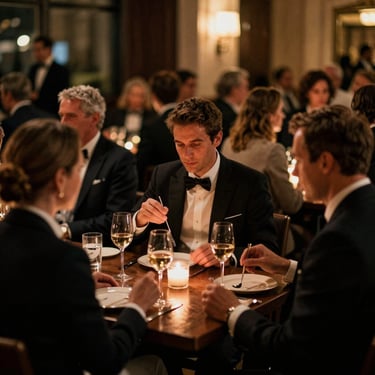 Elegantly dressed corporate guests enjoying premium hospitality at an exclusive sporting event, warm low-key lighting, shallow depth of field, 35mm film