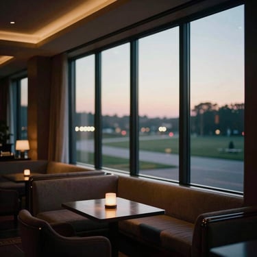 Architectural detail of a luxurious modern lounge with large windows looking over a runway at dusk, ambient warm lighting, shallow depth of field, 35mm film