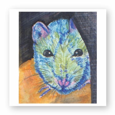 Colorful oil pastel drawing of a mouse with blue and green fur and large dark eyes.