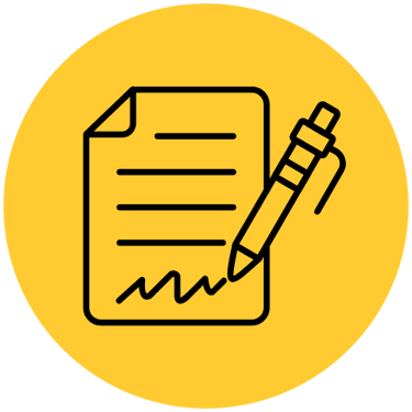 Black line icon of a pen signing a paper document on a round yellow background.