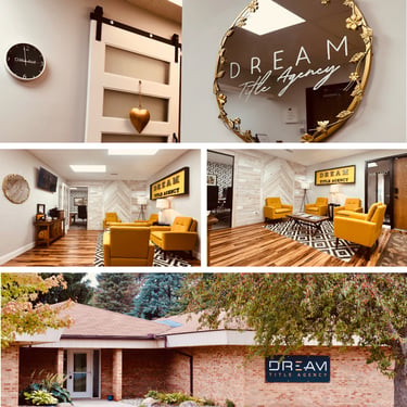 Professional office interior and exterior of Dream Title Agency with modern yellow chairs and brick building signage.