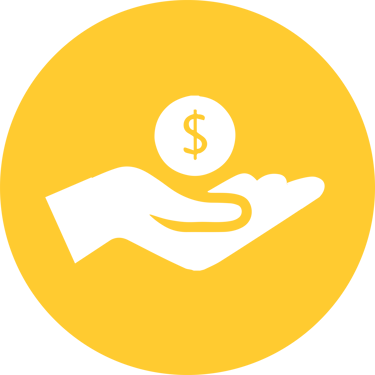 Yellow circle icon showing a black hand holding a dollar coin for financial services