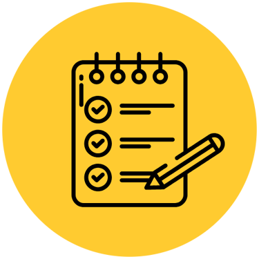 Black outline icon of a checklist notepad and pencil on a yellow circle background.