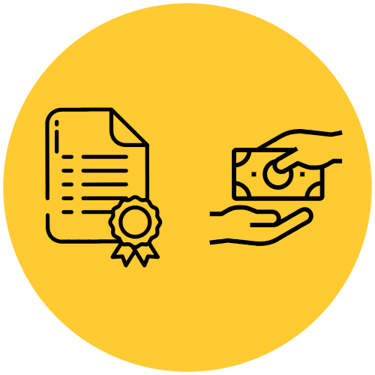 Yellow circle icon showing a formal document certificate and hands exchanging cash for payment.