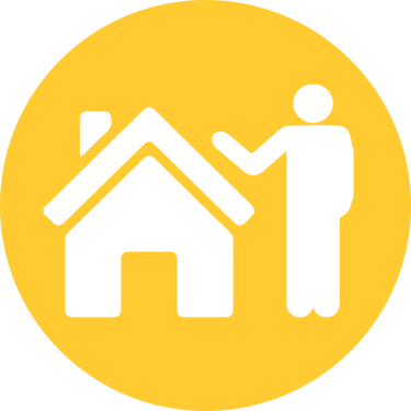 Black house icon with a person silhouette on a yellow circle background representing real estate services.