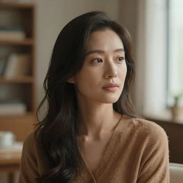 Soft-focus portrait of a woman looking thoughtfully, warm earth-toned clothing, diffused natural light in a cozy room.