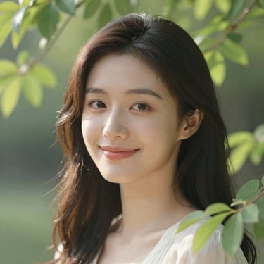Soft-focus portrait of a woman smiling gently, surrounded by delicate green foliage, soft natural morning daylight.