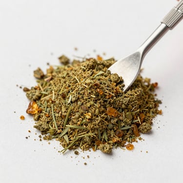 Macro top-down view of fine amber botanical powder next to a precise stainless steel lab spatula, bright diffused daylight, clean clinical aesthetic.