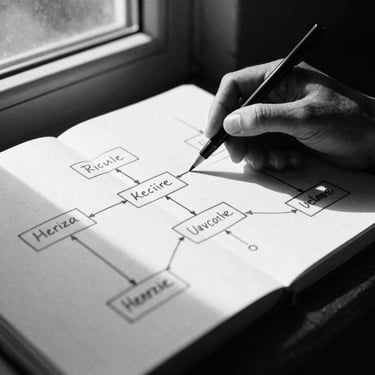 Close-up of hand-drawn organizational topology diagram on a clean notebook page, dramatic natural window light, high contrast, black and white, 35mm film grain