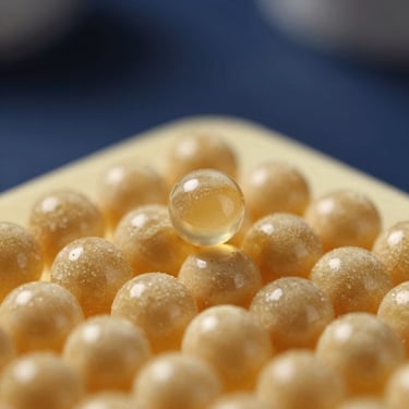 Macro shot of clean golden marine collagen peptides, structured geometric setup, high-tech lighting