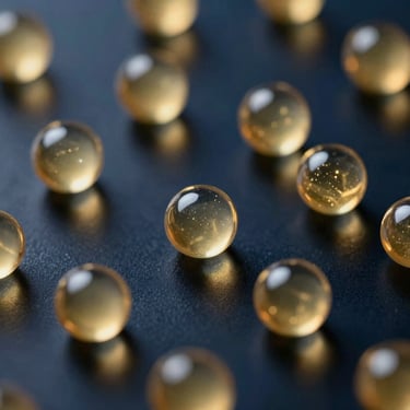 Macro shot of pure crystalline hyaluronic acid spheres on a dark reflective surface, golden highlights