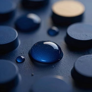 Macro shot of deep blue botanical active extracts, glowing droplets, cool studio light