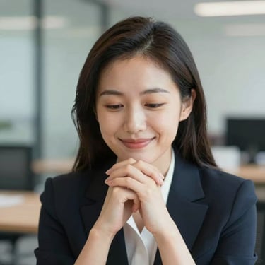 Close-up portrait of a professional female executive, nodding with a smile, in a soft-lit modern office setting, professional attire.