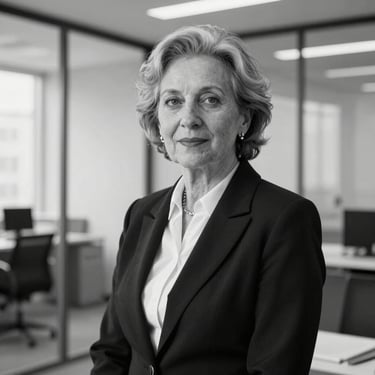 Professional black and white portrait of a senior female lawyer in elegant business attire, in a bright modern office with glass partitions in the background.