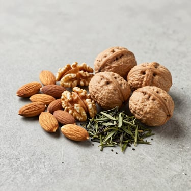 Selection of premium almonds, walnuts, and loose leaf green tea on a clean concrete background, high-end editorial