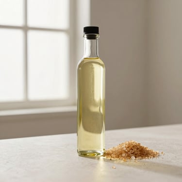 Cold-pressed organic cooking oil in a clear glass bottle next to raw sugar crystals, warm window light, high-end editorial