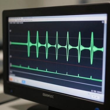 Extreme close-up of EEG waveform data on a clinical monitor screen under controlled lab lighting, clean signal traces in sharp detail, no clinician visible