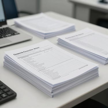 Wide shot of a clean regulatory affairs workspace, printed clinical trial documentation stacked precisely on a white desk under neutral office lighting, no people visible