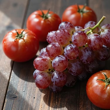 Close-up of freshly harvested glistening red grapes and heirloom tomatoes on a dark wooden table, soft natural daylight from the side casting deep shadows, rustic Scandinavian aesthetic, 35mm lens editorial food photography