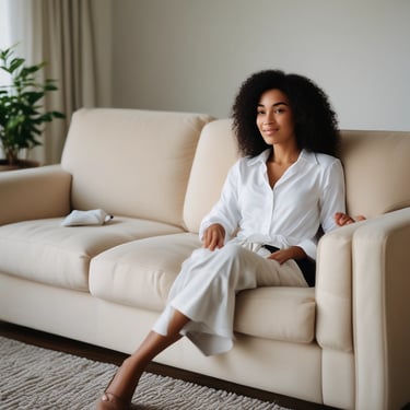 Photo of a happy customer sitting comfortably on a freshly cleaned sofa in a bright living room.