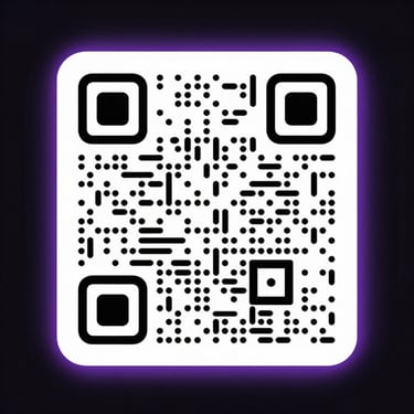Minimalist abstract QR code with a subtle purple glowing frame on a dark background, clean and premium.