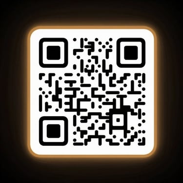 Minimalist abstract QR code with a subtle amber glowing frame on a dark background, clean and premium.