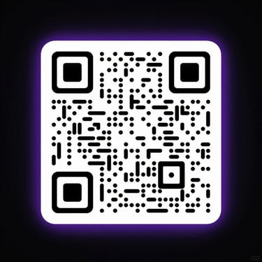 Minimalist abstract QR code with a subtle purple glowing frame on a dark background, clean and premium.