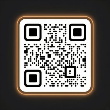 Minimalist abstract QR code with a subtle amber glowing frame on a dark background, clean and premium.
