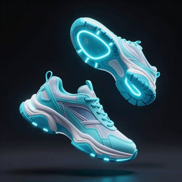 3d render of chunky futuristic sneakers with electric cyan soles, floating in zero-gravity, vibrant neon rim lighting