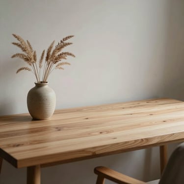 A minimal workspace with a light wood desk, a single ceramic vase with dried grass, soft diffused morning light.