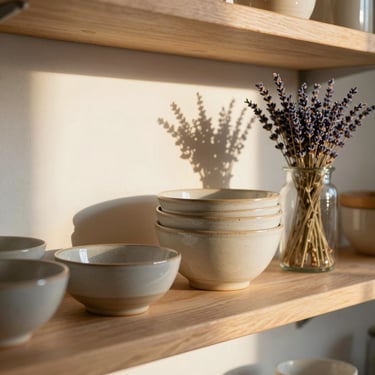 A cozy kitchen shelf with handmade ceramic bowls, a jar of dried lavender, and soft golden hour light.