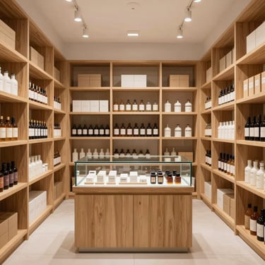 Straight-on architectural shot of a modern, clean apothecary interior, featuring light wood shelving, glass display cases, and soft diffused lighting.