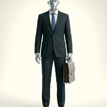 Silver robot mannequin wearing a formal charcoal suit and blue tie holding a leather briefcase.