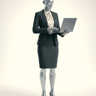 Silver female humanoid robot wearing a professional business suit using a laptop for artificial intelligence data analysis.