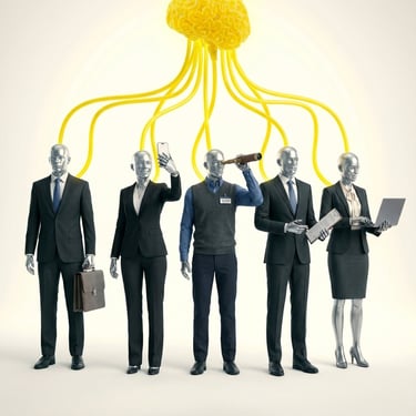 Silver business professionals connected by yellow neural tubes to a central glowing brain representing collective artificial