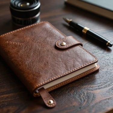 Close-up of a high-end leather-bound planner and a fountain pen on a dark wooden table, soft dramatic side lighting