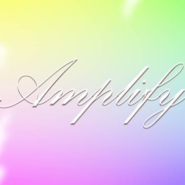 Style tile white variation of Amplify with a rainbow ink blot behind it.