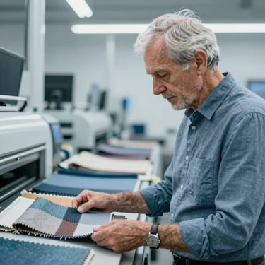 A senior textile designer reviewing a fabric sample, with industrial machinery in the background, utilizing a clean and professional lighting style with #3A4F6B tones.