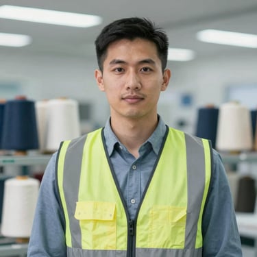 Portrait of a professional textile engineer in a clean factory setting, wearing a safety vest over a professional shirt, with a background of blurred yarn spools in #95A5BB.