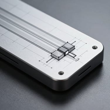 Macro technical CAD wireframe drawing of a minimalist 3C electronic device, showing precise measurements and geometric lines, cool metallic gray background, sharp high-contrast studio lighting.