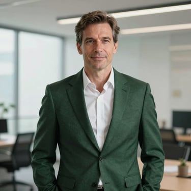 Professional portrait of a middle-aged male business owner in a dark forest green suit, standing in a bright, modern office space.