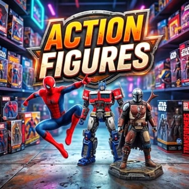 Action Figures collection card showing premium superhero toys, robot figures, and boxed collector items on shelves