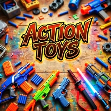 Action Toys collection display on a wooden table with colorful toy guns, blaster accessories, and a toy sword