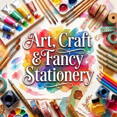Art, Craft & Fancy Stationery banner with watercolor paint tubes, paintbrushes, colored pencils, and ink bottles