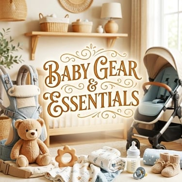 Baby Gear and Essentials category banner with a stroller, high chair, car seat, and baby carrier