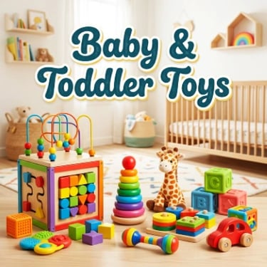 Baby & Toddler Toys banner with a wooden activity cube, stacking ring, plush giraffe, baby rattle, and soft blocks