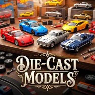 Die-cast metal cars and bike models collection card showcasing premium collectible scale cars and motorcycles