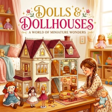 Dolls & Dollhouses banner with a large wooden dollhouse, dollhouse furniture, fashion dolls, and a rag doll