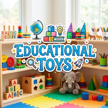 Educational Toys & STEM banner with wooden ABC blocks, a toy abacus, a stacking ring, gears, and a learning robot